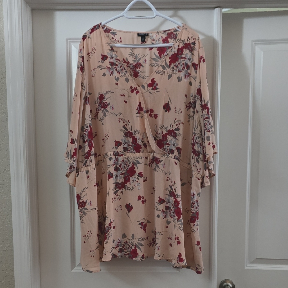 Torrid Beige Floral Blouse with Red and Gray Accents